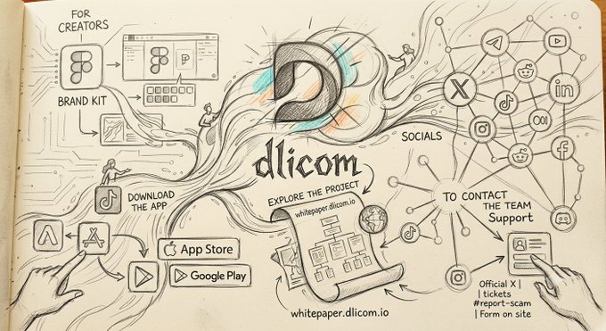 The image features a hand-drawn illustration of an app called "Dlicom" with various elements such as icons, logos, and text. The drawing includes a person holding a tablet or phone, which could be related to the app's functionality. The post also mentions that the creator has been using and following the app's social platforms, indicating their active engagement with the project.