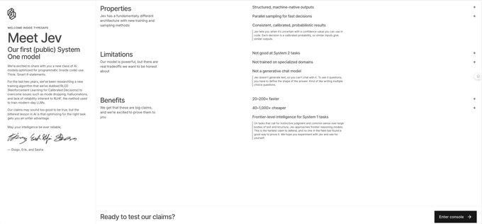 A webpage introducing 'Meet Jev', the first (public) System One model from WE CAN WEIRD THINGS, listing properties, limitations, and benefits.
