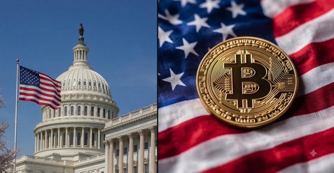 A split image showing the US Capitol building with an American flag on the left, and a gold Bitcoin coin resting on an American flag on the right.