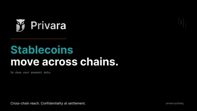 A dark promotional graphic for 'Privara' featuring the tagline 'Stablecoins move across chains. So does your payment data.' and the URL 'privara.xyz/blog'.
