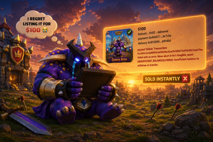 A teary-eyed Demon King NFT sits regretfully clutching what appears to be its $100 sale confirmation, marked "SOLD INSTANTLY," with a thought bubble reading "I REGRET LISTING IT FOR $100 😭" — humorously illustrating the post's warning about undervaluing rare Legendary Demon King NFTs on the marketplace.