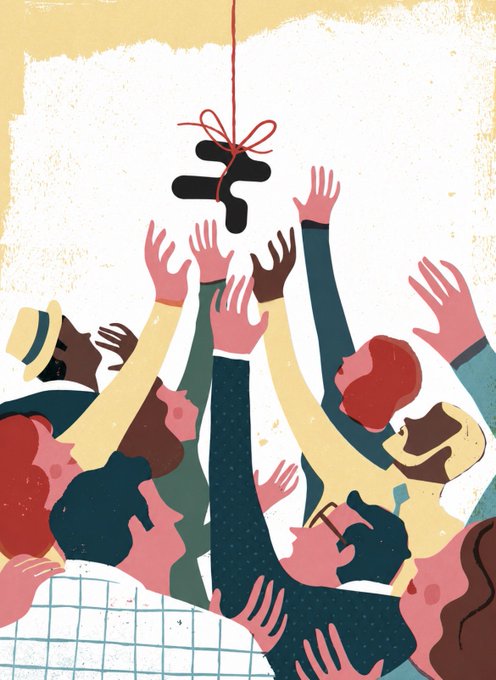 An illustration shows a crowd of diverse people reaching their hands upward toward a tattered American flag tied with a red string.
