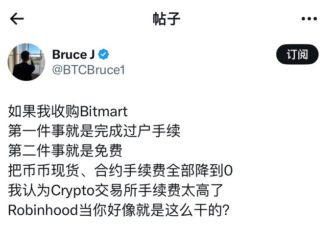 A screenshot of a tweet from verified user Bruce J (@BTCBruce1) in Chinese, stating that if he acquires Bitmart, his first action would be to complete account migration and his second would be to eliminate all spot and contract trading fees to 0, criticizing crypto exchanges for having fees that are too high and noting Robinhood does this.