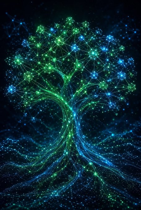 A digital artwork of a glowing tree made of green and blue light particles and interconnected nodes against a dark, starry background.