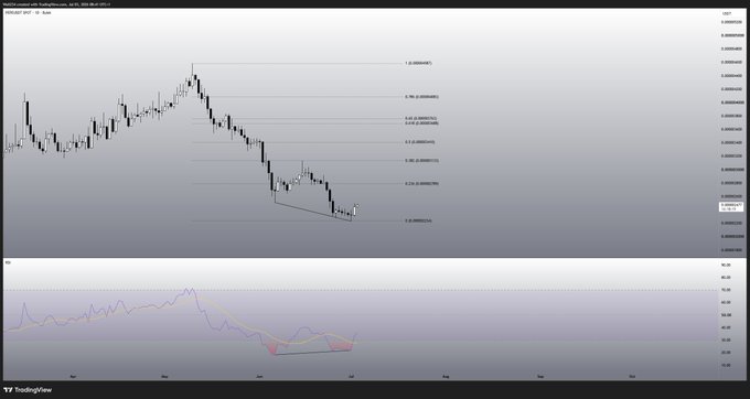 A daily candlestick chart for PEPE/USD (PEPEUSDC.P) shows a significant downtrend from a peak around 0.0000025, with the price consolidating in a descending channel near the bottom around 0.0000005, and an RSI indicator below suggesting the meme coin could be due for a bounce. Visible Fibonacci retracement levels (0.0–1.0) span the recent decline, supporting the "ripe" setup suggested in the caption.