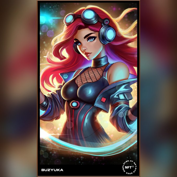 A vibrant digital portrait of a fierce red-haired female character wearing goggles, headphones, and futuristic armor, displayed in a framed art style with "BUZYUKA" text and a "CERTIFIED AT METAPLEX" NFT badge in the bottom corners, showcasing Buzyuka's Times Square art collectible.