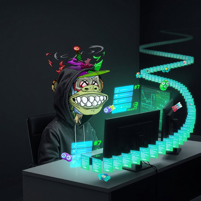 An illustration of a hooded figure wearing a cap with a smiley face and leaves, sitting at a computer desk with green holographic blockchain-style blocks and NFT icons floating from the screen.