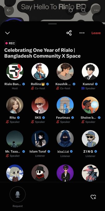 A Twitter (X) Space titled "Celebrating One Year of Rialo | Bangladesh Community X Space" hosted by Rialo Ban, featuring co-hosts Rollins and Koushik alongside speaker Kamrul, with additional speakers Ritu, SKS, Feurimas, and Sholve, and listeners Mr Taaa, Islam Turaf, kha1id, and ZING actively recording the milestone anniversary event.
