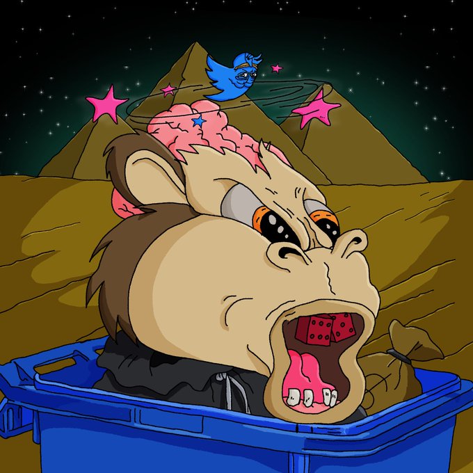 A cartoon illustration shows a screaming hyena head with its brain exposed inside a blue dumpster, with a small blue Twitter bird and stars orbiting above against a starry night sky.
