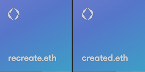 Two blue gradient panels side by side, each featuring a white logo, with the left reading 'recreate.eth' and the right reading 'created.eth'.