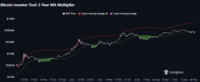 A Bitcoin chart titled "Bitcoin Investor Tool: 2-Year MA Multiplier" displays BTC price (white) alongside its 2-year moving average (green) and 5x multiplier (red) on a logarithmic scale, with green shaded zones highlighting periods where BTC traded below its 2-year MA—indicating historical value accumulation areas that have marked cycle bottoms since December.