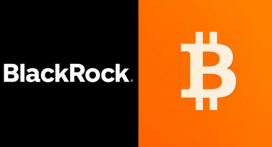A split image displaying the BlackRock logo on a black background alongside the orange Bitcoin logo.