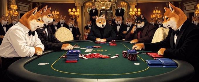 An AI-generated scene depicting a high-stakes poker game at an ornate casino table, where the players and onlookers are anthropomorphic Shiba Inu dogs dressed in formal tuxedos.