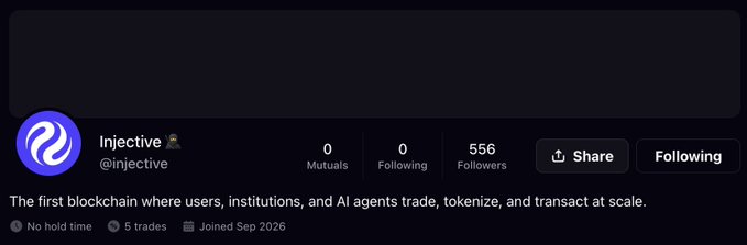 A social media profile card for Injective (@injective), describing it as 'The first blockchain where users, institutions, and AI agents trade, tokenize, and transact at scale,' with 556 followers, 0 following, and 5 trades, joined September 2026.