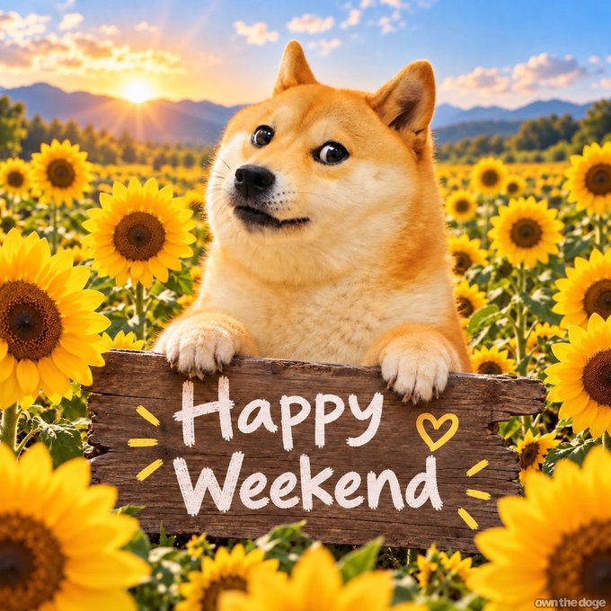 A Shiba Inu dog (Doge) in a sunflower field holding a wooden sign that reads 'Happy Weekend' with a small heart, with mountains and a sunset in the background.