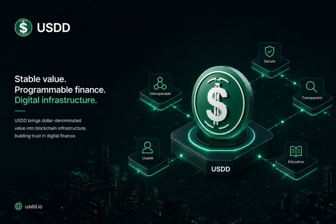 USDD promotional banner with a glowing green dollar coin on a pedestal, highlighting 'Stable value. Programmable finance. Digital infrastructure.' with feature tags including Secure, Interoperable, Usable, Transparent, and Educative.