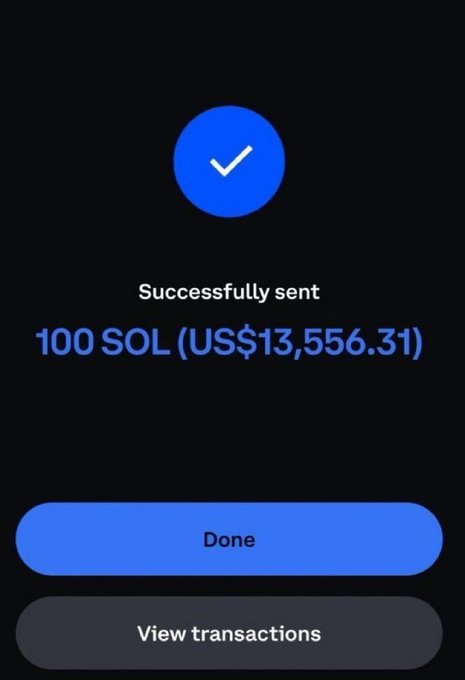 A cryptocurrency confirmation screen shows a successful transaction of 100 SOL (US$13,556.31) with a blue checkmark.