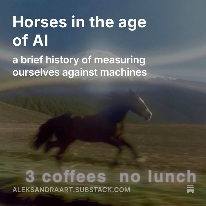 A Substack post cover image titled "Horses in the age of AI: a brief history of measuring ourselves against machines" by aleksandraart.substack.com, with text "3 coffees no lunch" overlaid on a blurred image of a running horse.