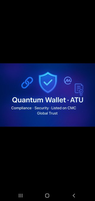 A mobile app splash screen with a dark blue gradient background displaying icons for security and compliance, with the text "Quantum Wallet · ATU" and "Compliance · Security · Listed on CMC Global Trust".