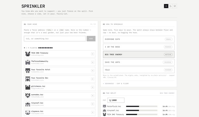 A website called 'SPRINKLER' designed for Tezos-based 'planting' allows users to add gardening addresses like T2YL DAO Treasury and choose how to sprinkle with phrases like 'EVERYONE EATS' and 'BIG TREE ENERGY'.