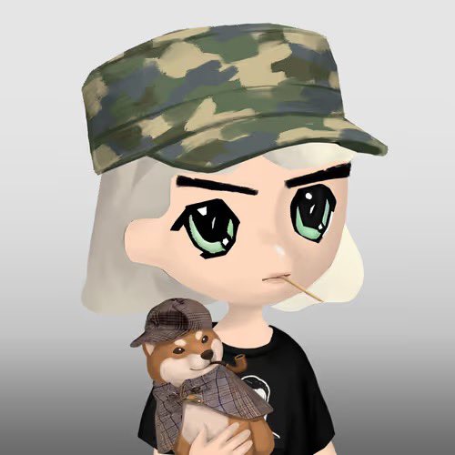 A chibi-style anime girl with platinum blonde hair, green eyes, and a camo cap smokes a cigarette while holding a Shiba Inu puppy dressed in a detective outfit, perfectly reflecting the post's vibe of casually hunting for promising NFT collections to mint over the weekend alongside the featured $DOLORES project.