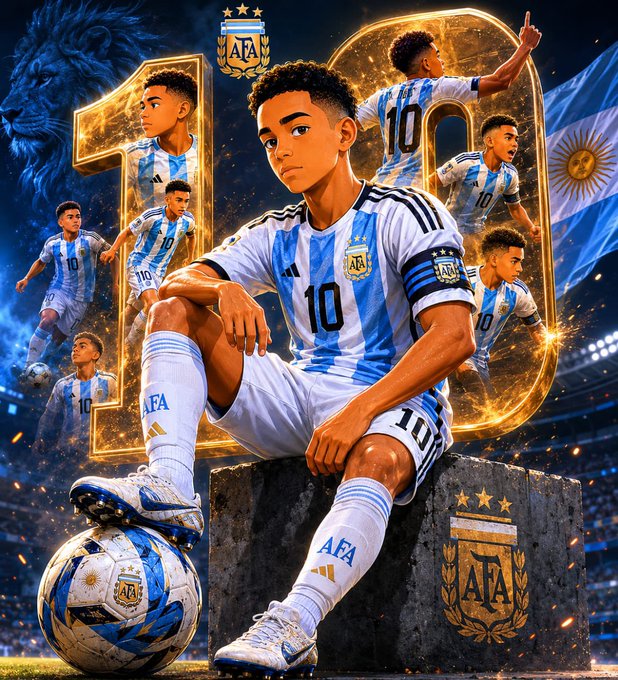 A digital illustration of an Argentina national football team player wearing the number 10 jersey, sitting on a stone block with a soccer ball, surrounded by golden '10' numerals and the AFA crest, with a lion and Argentine flag in the background.
