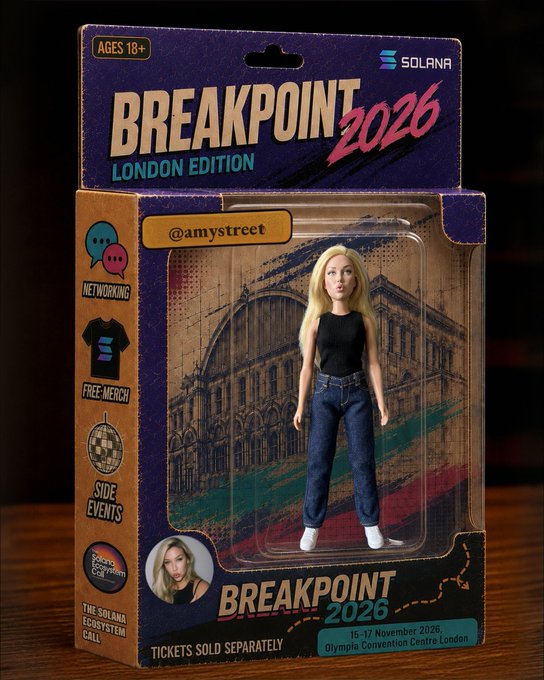 A promotional toy-style packaging design for "Solana Breakpoint 2026 London Edition" featuring a blonde female action figure doll labeled "@amystreet" with event details "15-17 November 2026, Olympia Convention Centre London" and features like Networking, Free-Merch, and Side Events.