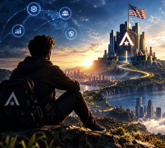 An AI-generated image of a man with a backpack sitting on a cliff overlooking a futuristic city with an American flag flying above a fortress-like building marked with a star symbol.