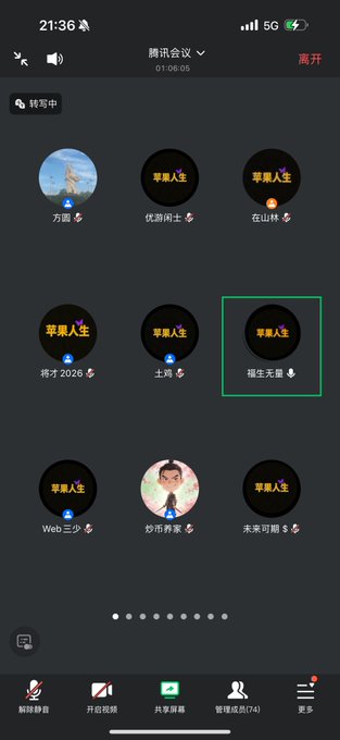 A screenshot of a Tencent Meeting (腾讯会议) video conference titled "Apple Life" showing 14 participants in a grid layout with names like "方圆," "优游绅士," "在山林," "将才2026," "土豪," "福生无量," "Web三少," "炒币养家," and "末班可期," along with meeting ID "391-8998-2435" and a call duration of 01:06:05, visually supporting the post's claim of a rapidly growing crypto stock discussion group.