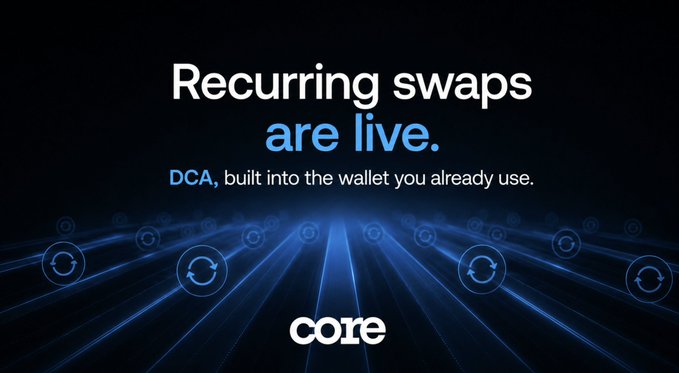 A dark promotional graphic reading 'Recurring swaps are live. DCA, built into the wallet you already use,' branded with the 'core' logo at the bottom.