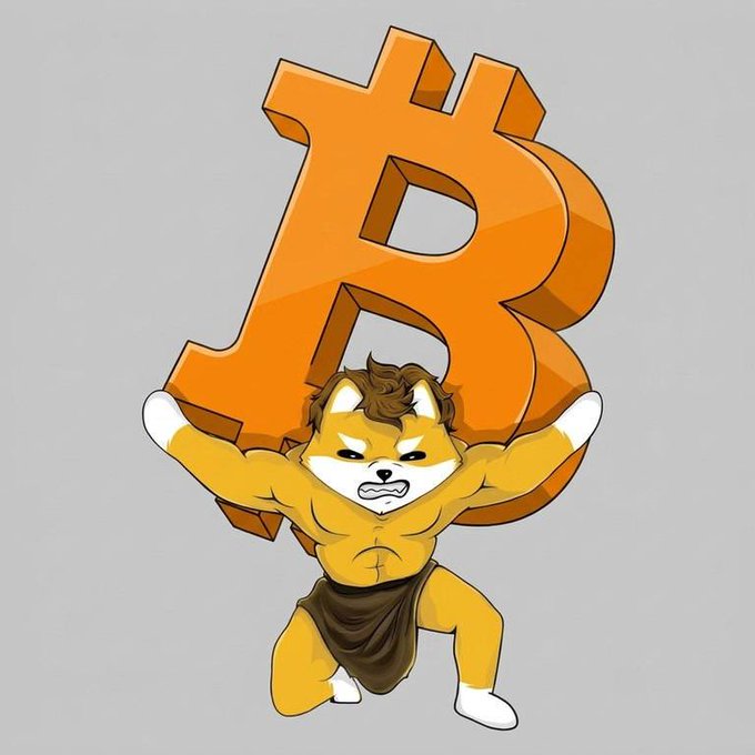 A cartoon muscular dog character with a fierce expression, wearing a loincloth, kneeling and holding up a large orange Bitcoin (₿) symbol.