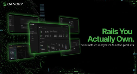 A promotional graphic for 'CANOPY' with the tagline 'Rails You Actually Own,' describing it as 'The infrastructure layer for AI-native products' alongside dashboard mockups.
