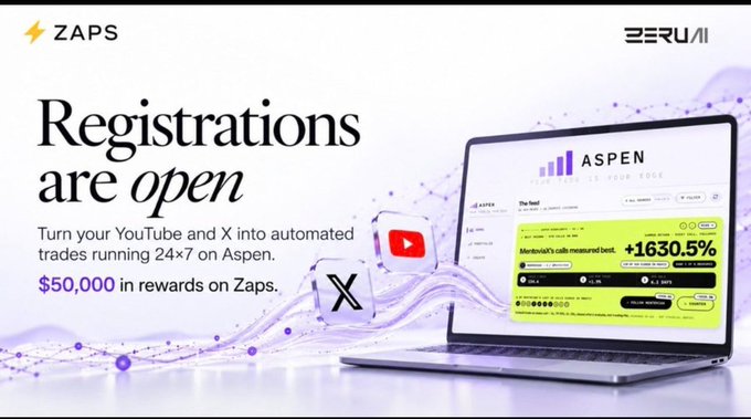 An advertisement announces 'Registrations are open' for ZAPS/BERUMI, offering '$50,000 in rewards' for turning YouTube and X into automated trades on Aspen.