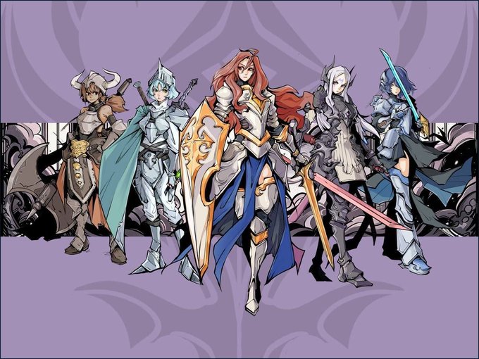 An anime-style illustration features a lineup of five fantasy warriors—including a horned barbarian, ice-themed knight, red-haired paladin with shield, elf-like warrior, and sword-wielding fighter—representing the characters of Dungeon Saga, a native fantasy IP built on Bitcoin's OP_CAT ecosystem. The image visually introduces the game's diverse cast, complementing the post's discussion of Dungeon Saga's comics, collectibles, and games sharing a unified world on Bitcoin.