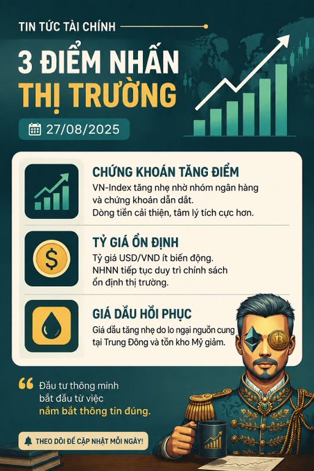A Vietnamese financial news graphic titled '3 ĐIỂM NHẤN THỊ TRƯỜNG' dated 27/08/2025, highlighting stock market gains, stable USD/VND exchange rates, and recovering oil prices, illustrated with a regal character.