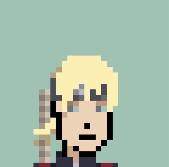 A pixel art image depicting a blonde character with blue eyes holding an axe against a light green background.