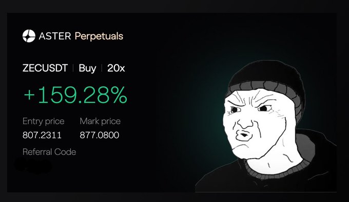 A screenshot of an ASTER Perpetuals trading dashboard shows a long position on ZECUSDT with 20x leverage currently up +159.28%, with an entry price of 807.2311 and mark price of 877.0800, accompanied by a wojak meme face. The image illustrates the poster's successful call on a ZEC squeeze, validating their nearly 160% gain on the leveraged trade.