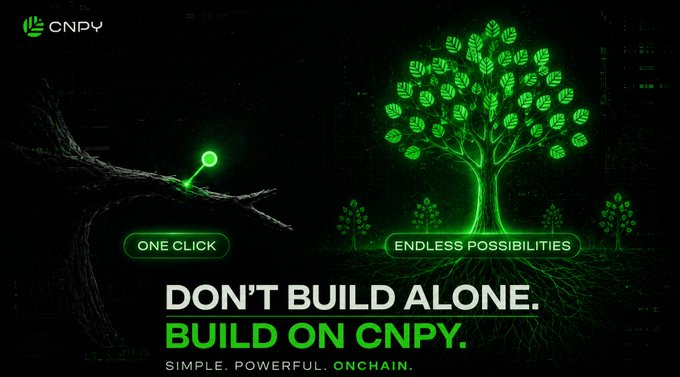 A promotional graphic for CNPY with the tagline 'DON'T BUILD ALONE. BUILD ON CNPY. SIMPLE. POWERFUL. ONCHAIN.' featuring a glowing green tree made of logos and buttons reading 'ONE CLICK' and 'ENDLESS POSSIBILITIES'.