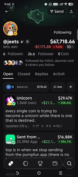 A screenshot of a Pump.fun profile for '@jeets' showing a balance of $67,718.66, with trending coins listed including 'Unicorn' (+258.6%) and 'Sent from..' (+594.7%).