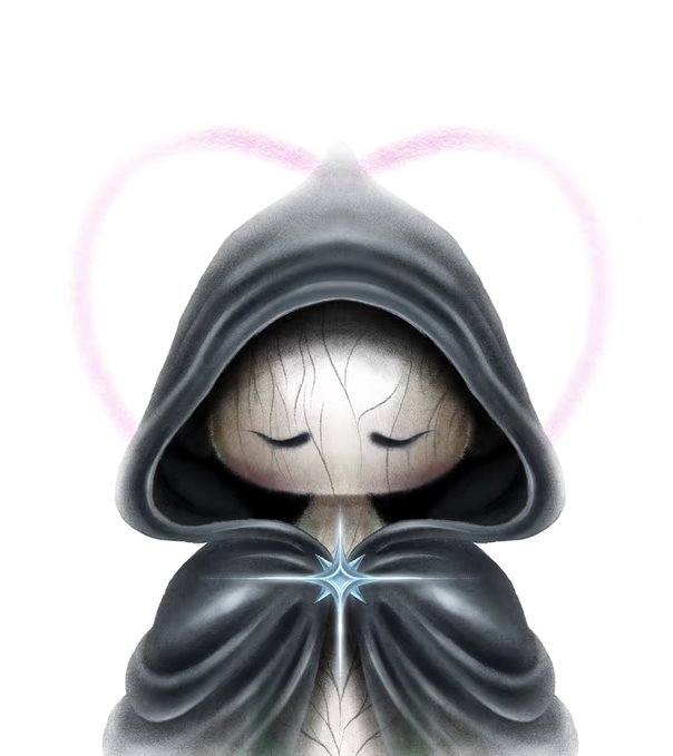 A digital illustration of a hooded character with closed eyes and a pink heart halo behind them, wearing a dark cloak fastened with a glowing star-shaped clasp.