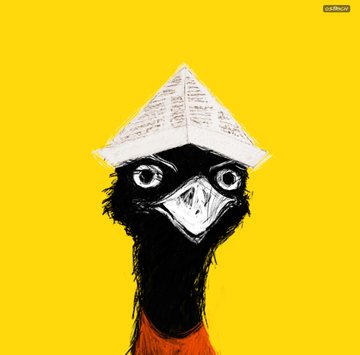 A drawing of an ostrich-like bird wearing a newspaper hat against a yellow background.