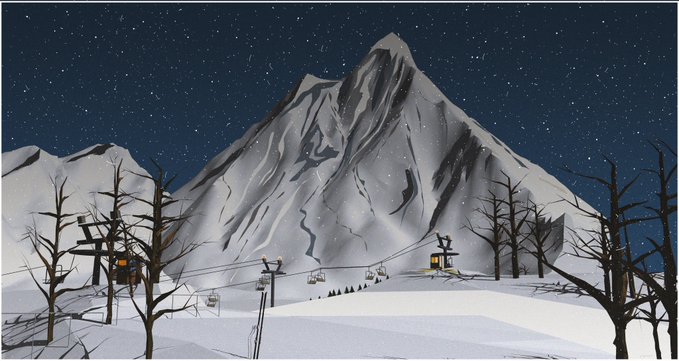An illustrated scene of a snow-covered mountain at night under a starry sky, with ski lifts and bare trees in the foreground.