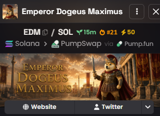 A crypto token listing card for 'Emperor Dogeus Maximus' (EDM) on the Solana blockchain, featuring links to PumpSwap and Pump.fun.