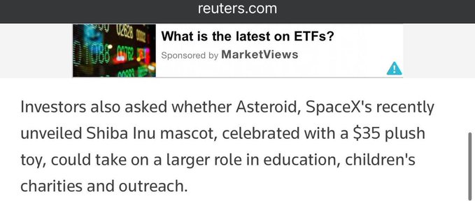 A screenshot from reuters.com showing a sponsored article titled "What is the latest on ETFs?" alongside text discussing how SpaceX's Shiba Inu mascot "Asteroid" ($ASTEROID) could expand into education and children's charities, supporting the post's claim that the token is gaining mainstream media attention ahead of SpaceX's August 4 earnings.