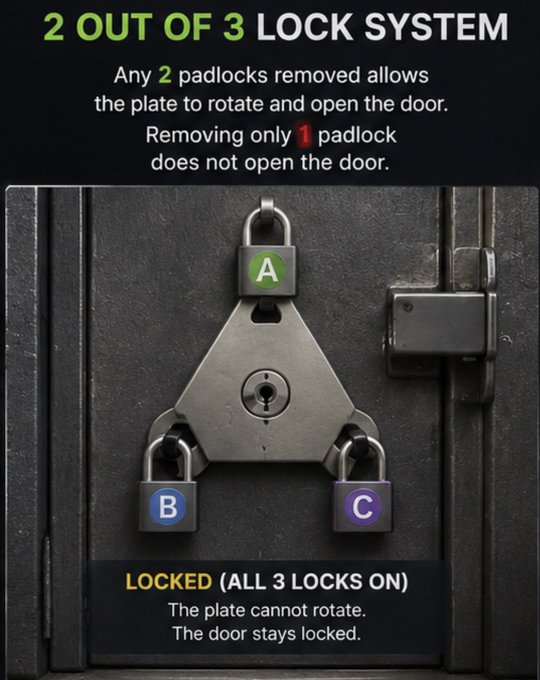 An infographic illustrating a '2 OUT OF 3 LOCK SYSTEM' showing three padlocks (A, B, C) attached to a triangular metal plate, with text explaining that all three locks must be removed to open the door.