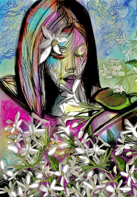 A digital artwork featuring a young woman with multicolored hair and a white flower over her eye, surrounded by white daisy-like flowers with a swirling, colorful background reminiscent of Van Gogh's style.