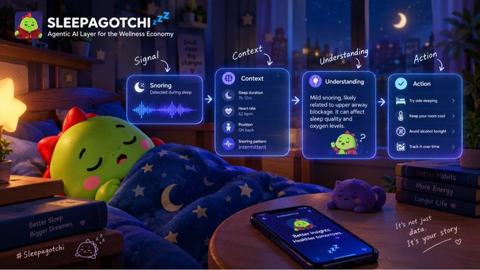 A promotional graphic for 'SLEEPAGOTCHI' describes it as an 'Agentic AI Layer for the Wellness Economy,' featuring a green dinosaur-like character in bed alongside a flow diagram showing Signal (Snoring), Context, Understanding, and Action phases.