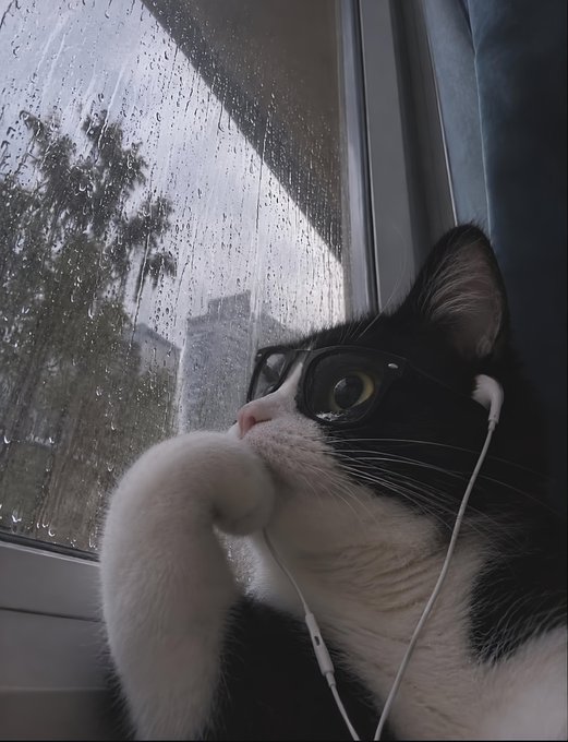 A close-up photo of a black and white cat wearing glasses and white wired earphones, sitting by a rain-streaked window and looking outside.