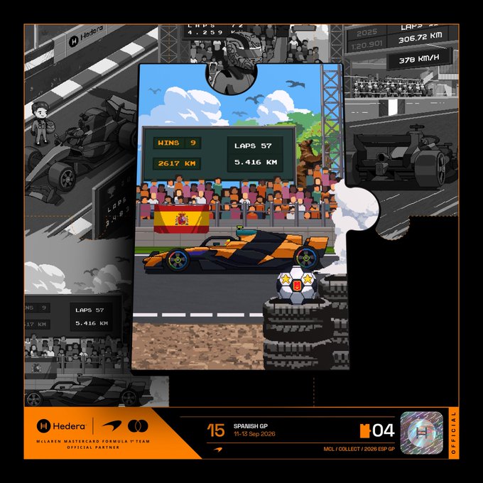 A pixel art collectible card from McLaren Mastercard Formula 1 Team's partnership with Hedera features an orange and blue Formula 1 race car with a Spanish flag and crown emoji on display, showing "SPANISH GP 15 Sept 2026" with "WINS 9, LAPS 57" stats in the central panel. The card is numbered "04" in the "MCL/COLLECT/2026 ESP GP" collection series, designed to be acquired through the HashPack platform as a digital memorabilia item for fans.