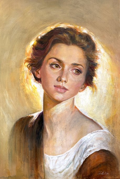 An oil painting portrait of a young woman with short wavy reddish-brown hair, softly lit with a warm golden background.